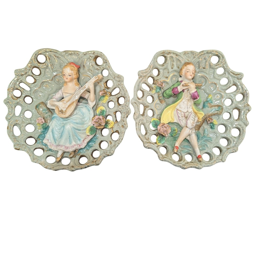 Vintage Ceramic Wall Pocket Set Blue/Green Musician 7in Regency Home Decor